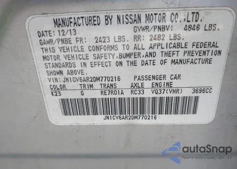 2013 Infiniti G37X from USA, damaged, VIN JN1CV6AR2DM770216